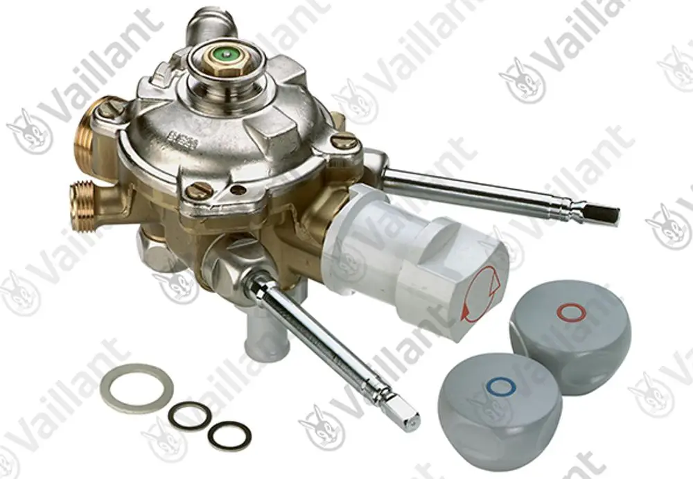 Vaillant Wasserschalter mit zwei Steuerknöpfen. Es sind Anschlussmöglichkeiten für Wasserleitungen sichtbar. Der Schalter weist eine metallische Oberfläche auf.